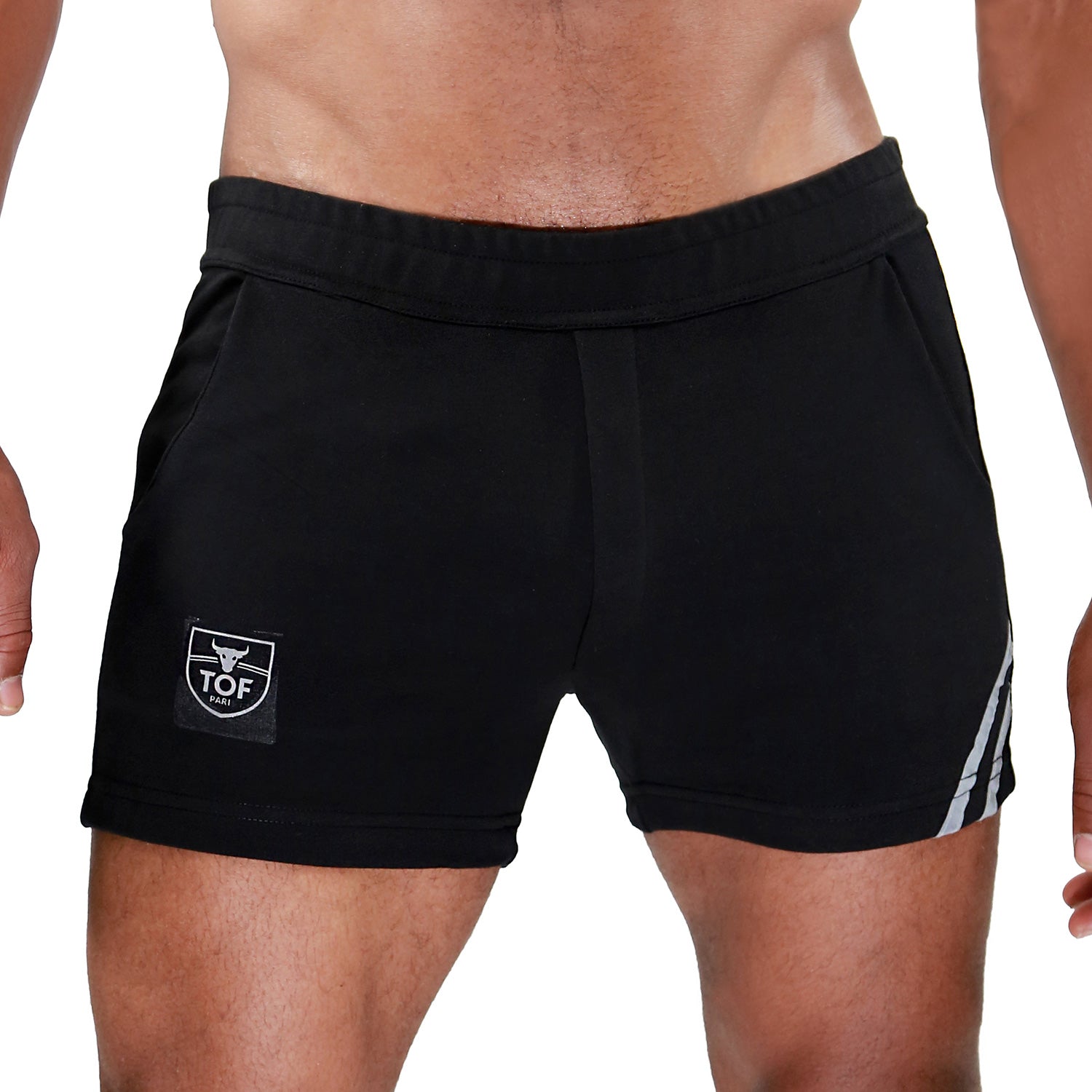 TOF Paris Paris shorts. Made in France. cropped top hooded. Mens quality gym wear. party wear. fetish wear. black