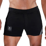 TOF Paris Paris shorts. Made in France. cropped top hooded. Mens quality gym wear. party wear. fetish wear. black