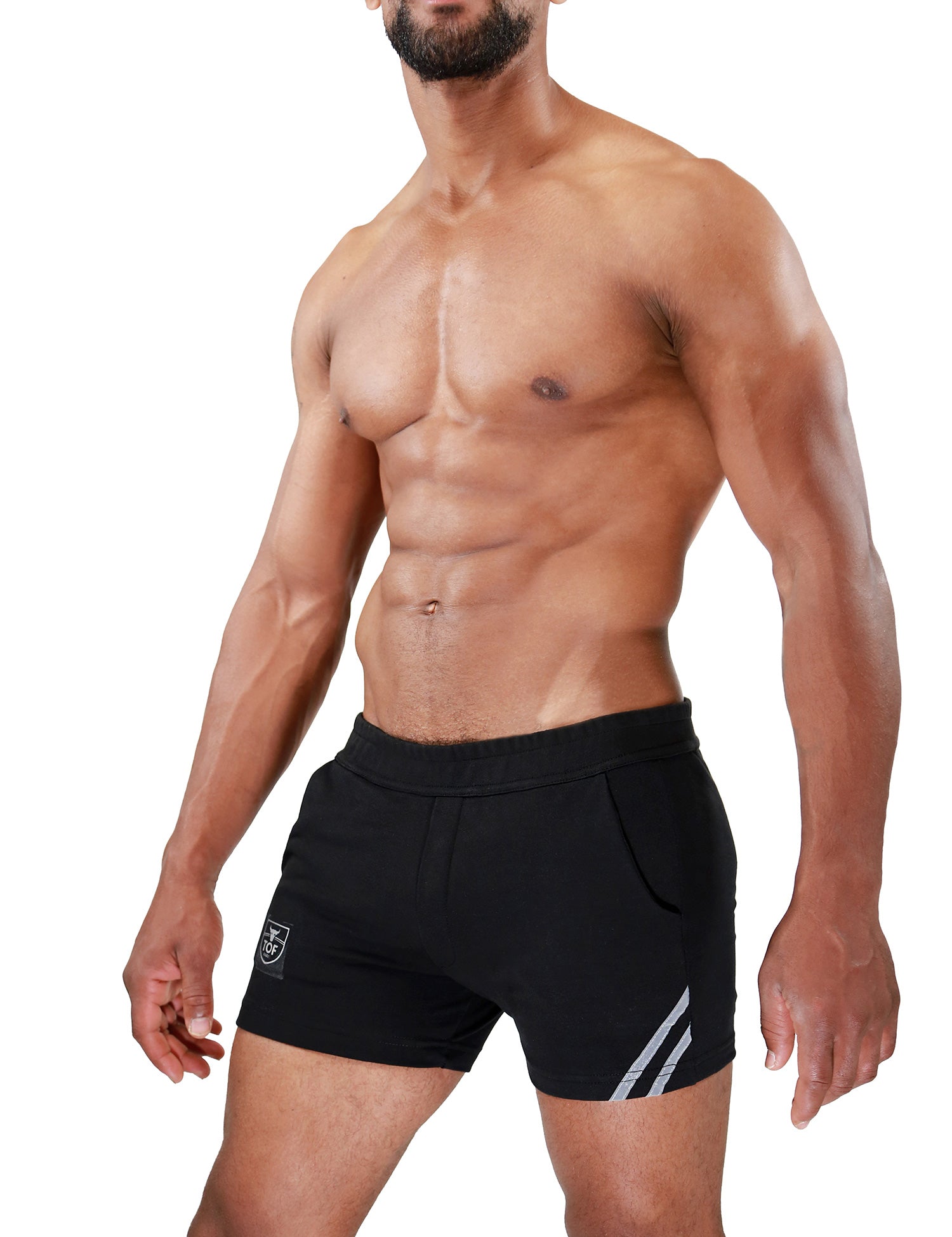 TOF Paris Paris shorts. Made in France. cropped top hooded. Mens quality gym wear. party wear. fetish wear. black