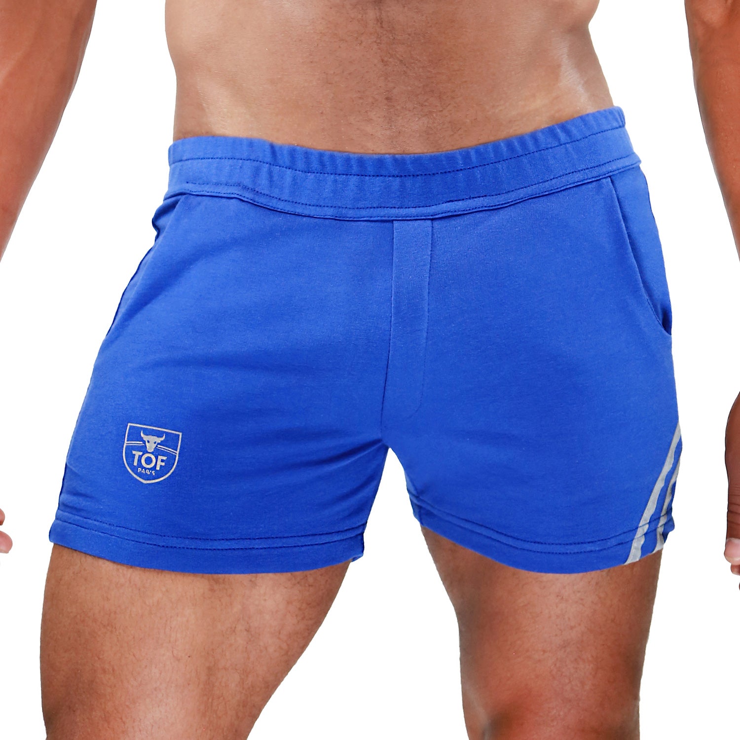 TOF Paris Paris shorts. Made in France. cropped top hooded. Mens quality gym wear. party wear. fetish wear. blue