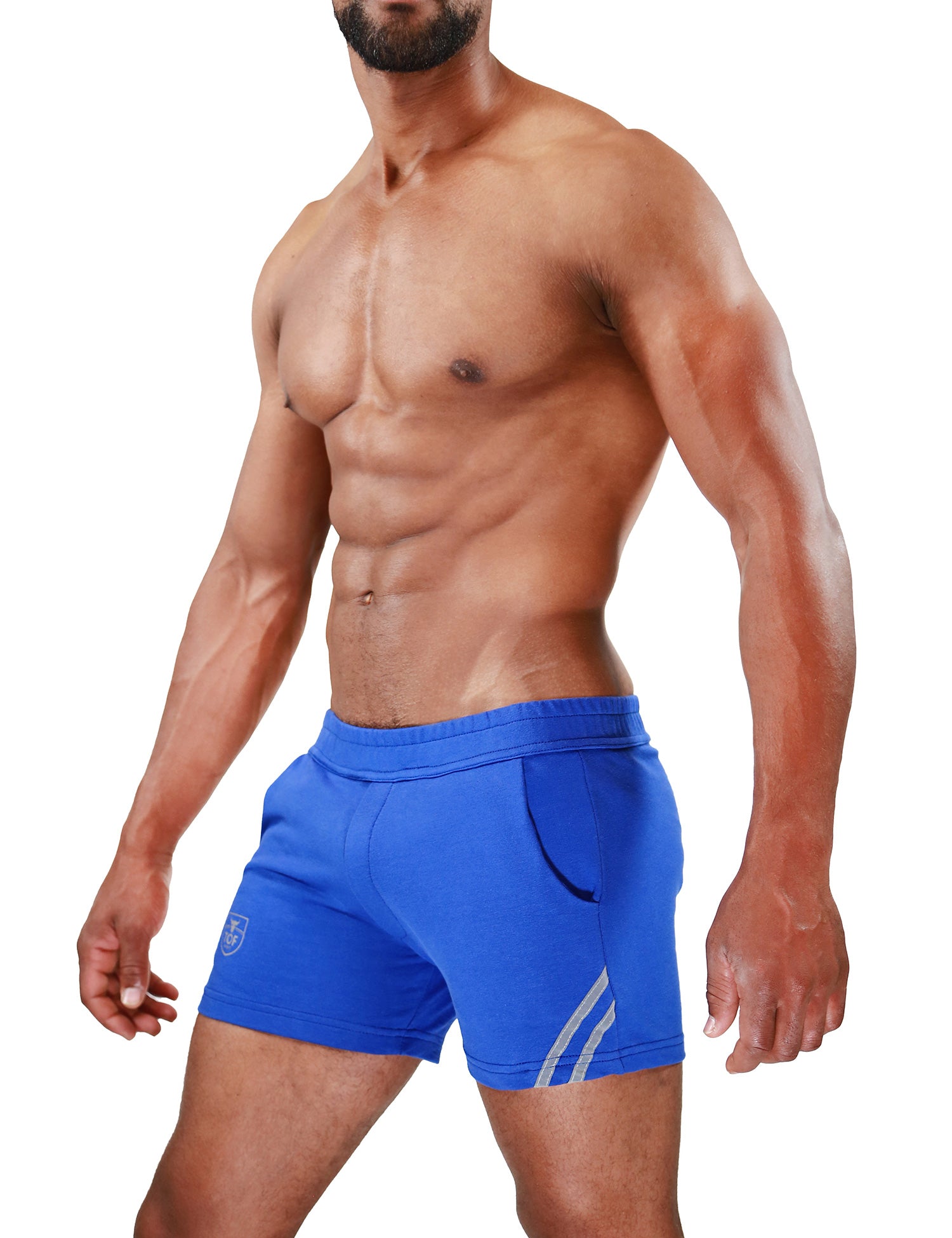 TOF Paris Paris shorts. Made in France. cropped top hooded. Mens quality gym wear. party wear. fetish wear. blue