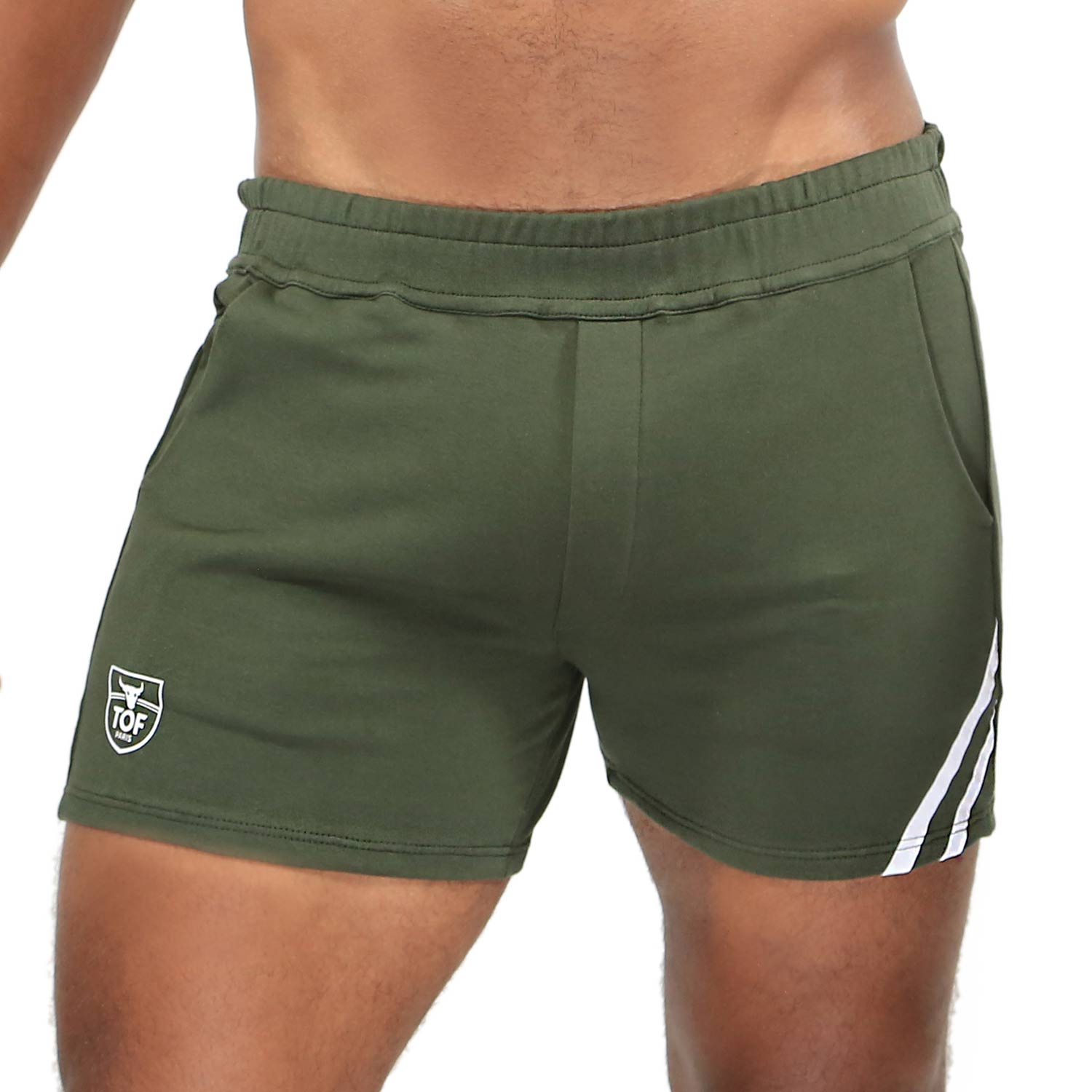 TOF Paris Paris shorts. Made in France. cropped top hooded. Mens quality gym wear. party wear. fetish wear. Green