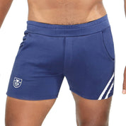 TOF Paris Paris shorts. Made in France. cropped top hooded. Mens quality gym wear. party wear. fetish wear. Navy