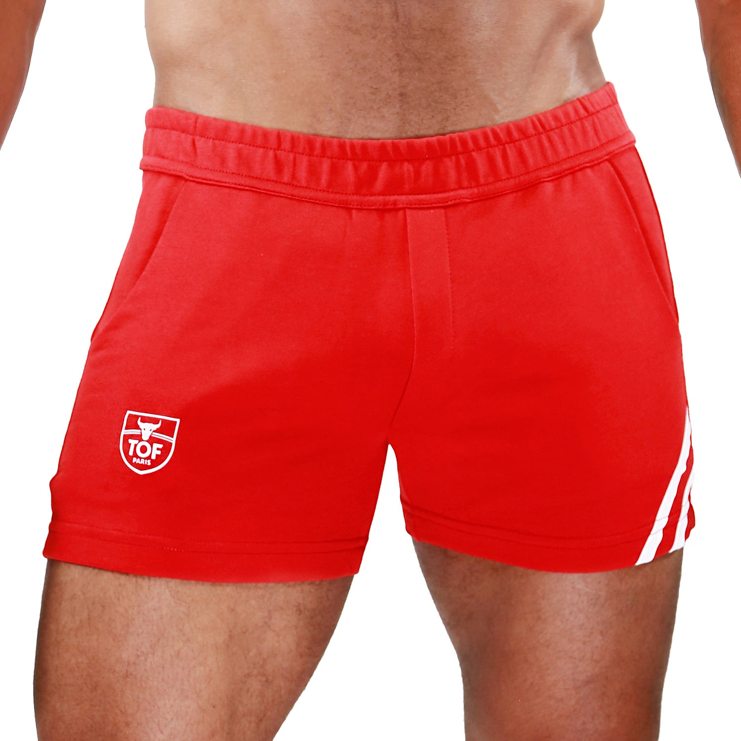 TOF Paris Paris shorts. Made in France. cropped top hooded. Mens quality gym wear. party wear. fetish wear. Red