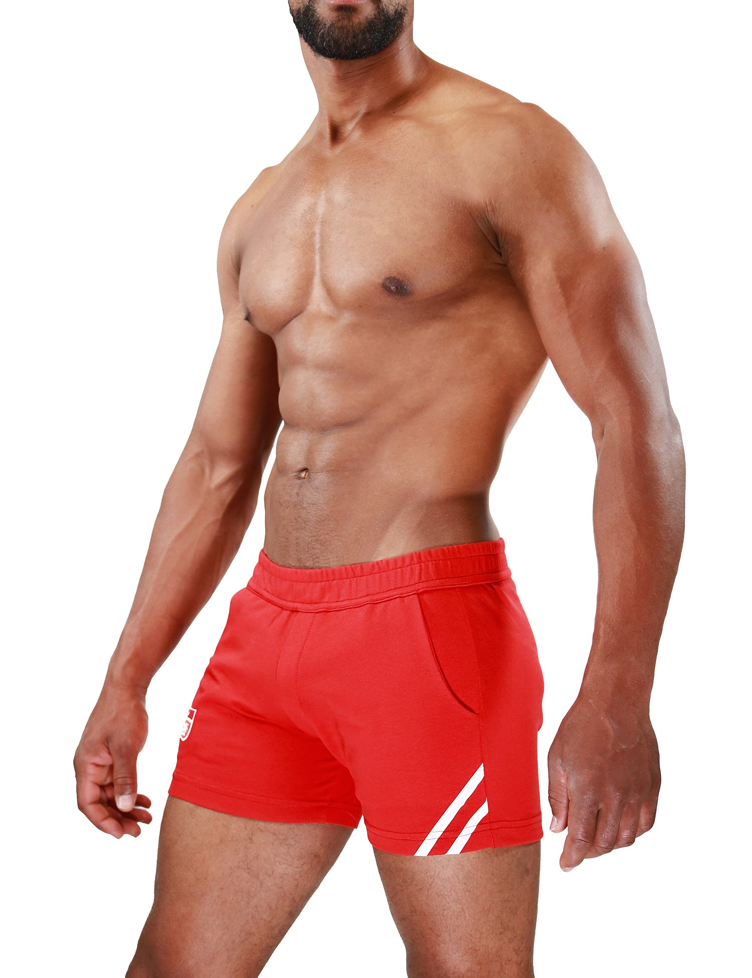 TOF Paris Paris shorts. Made in France. cropped top hooded. Mens quality gym wear. party wear. fetish wear. Red