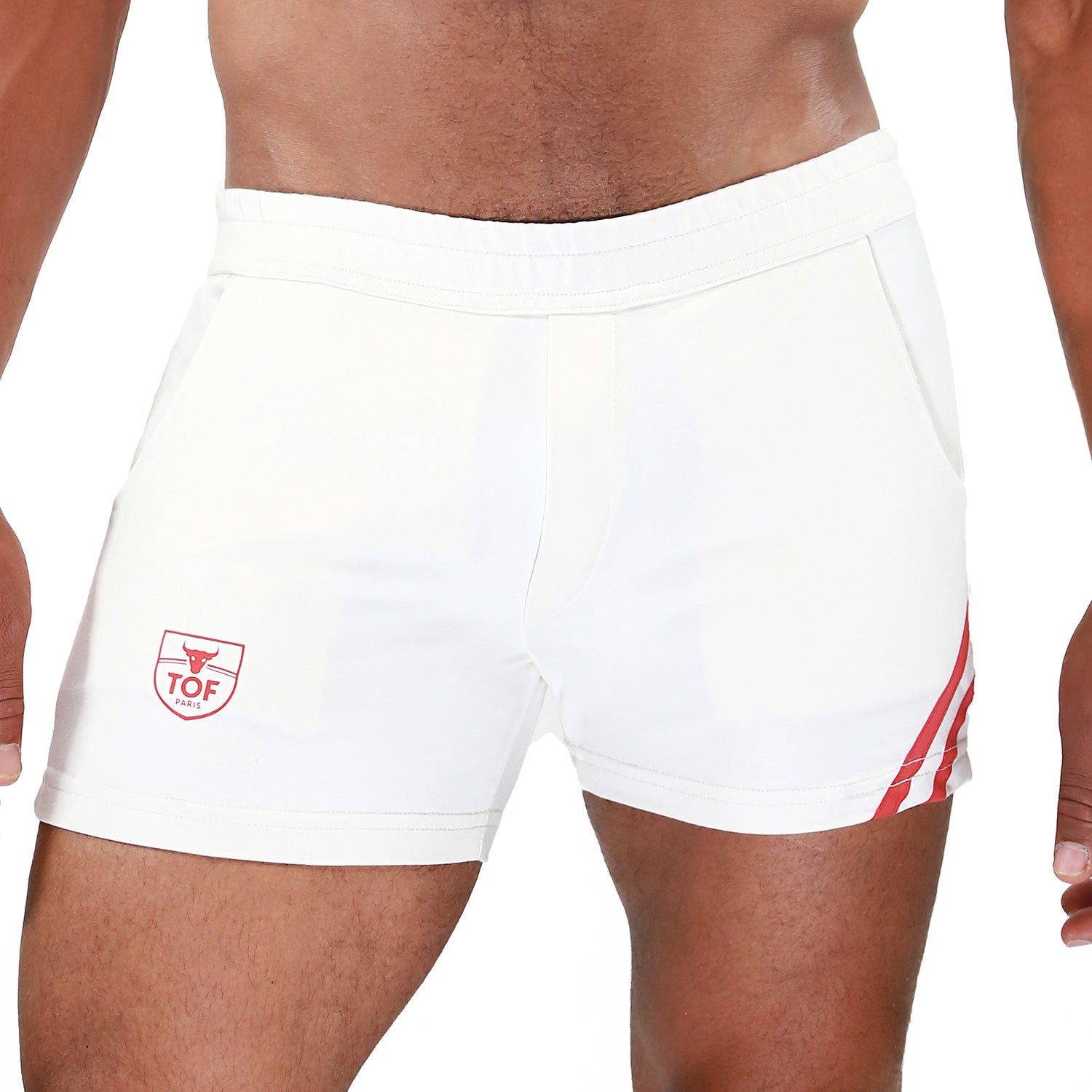 TOF Paris Paris shorts. Made in France. cropped top hooded. Mens quality gym wear. party wear. fetish wear. White