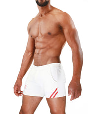 TOF Paris Paris shorts. Made in France. cropped top hooded. Mens quality gym wear. party wear. fetish wear. White