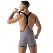 TOF Paris Stripes Push Up Wrestling Bodysuit. Made in France. Party wear. Fetish wear gay pride. black wrestling body suit onesies