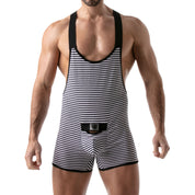 TOF Paris Stripes Push Up Wrestling Bodysuit. Made in France. Party wear. Fetish wear gay pride. black wrestling body suit onesies