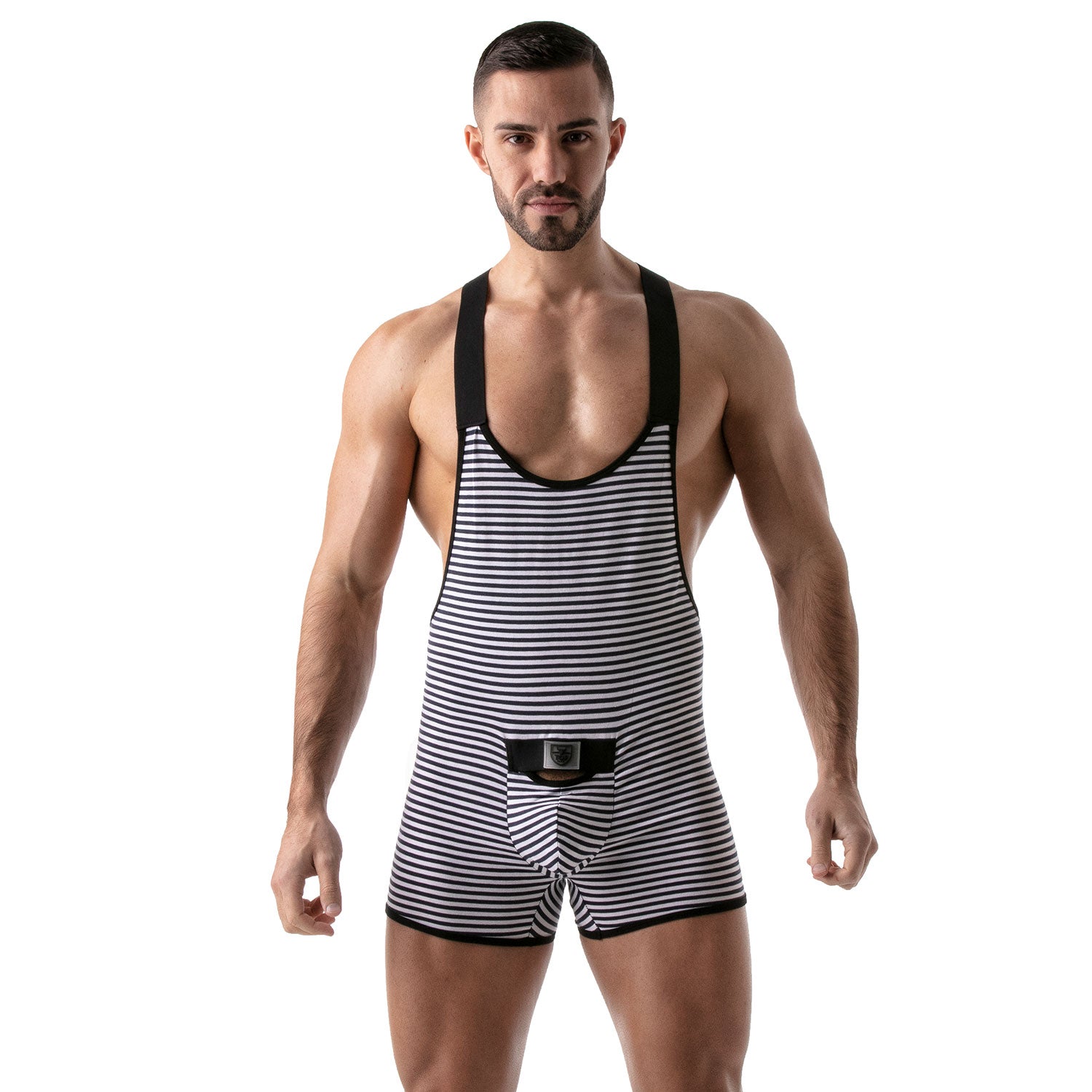 TOF Paris Stripes Push Up Wrestling Bodysuit. Made in France. Party wear. Fetish wear gay pride. black wrestling body suit onesies
