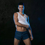 TOF Paris Light Denim Retro Shorts. Made in France. Gym shorts, party gear. Ultra short shorts. ultra tight shorts