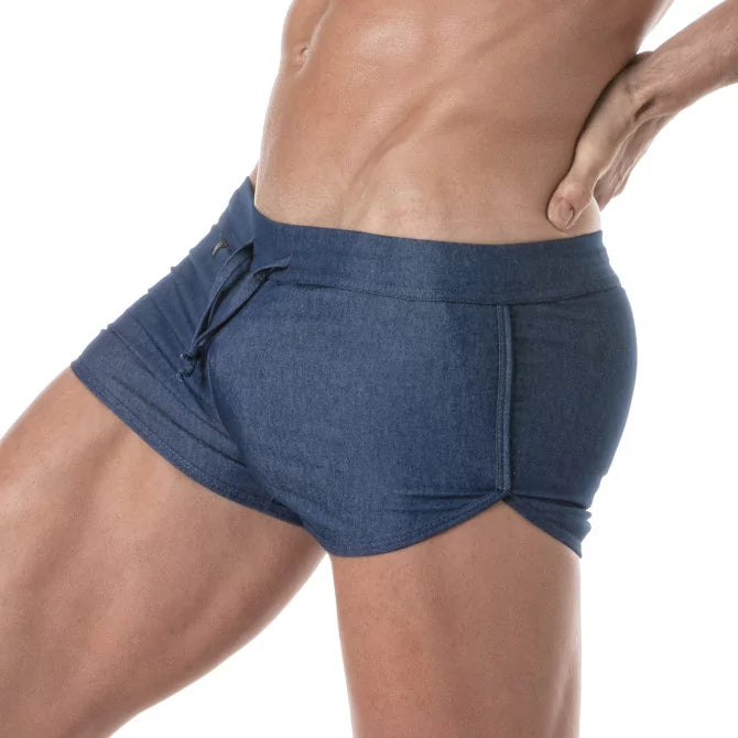 TOF Paris Light Denim Retro Shorts. Made in France. Gym shorts, party gear. Ultra short shorts