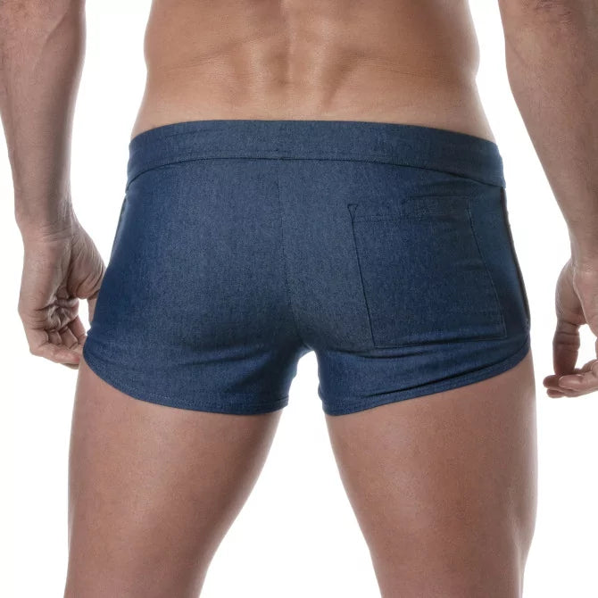 TOF Paris Light Denim Retro Shorts. Made in France. Gym shorts, party gear. Ultra short shorts. ultra tight shorts