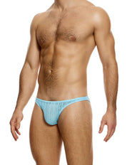 Modus Vivendi Striped Crochet Low Cut Brief. Made in Greece. Mens boxer Brief.  shorts. beach wear. ultra low cut brief. Blue