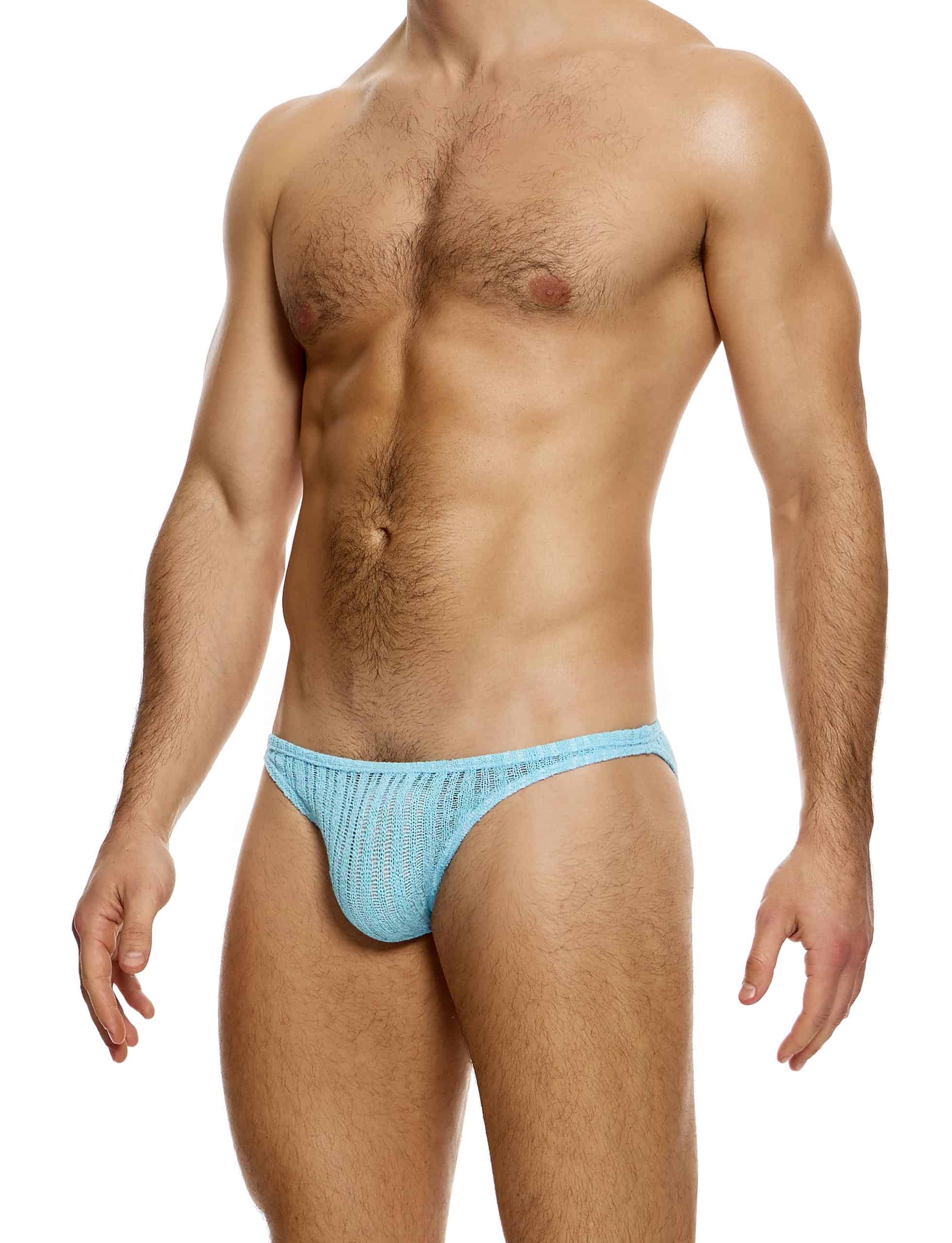 Modus Vivendi Striped Crochet Low Cut Brief. Made in Greece. Mens boxer Brief.  shorts. beach wear. ultra low cut brief. Blue