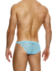 Modus Vivendi Striped Crochet Low Cut Brief. Made in Greece. Mens boxer Brief.  shorts. beach wear. ultra low cut brief. Blue