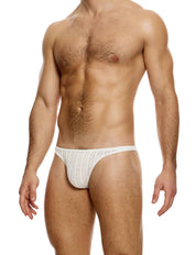 Modus Vivendi Striped Crochet Low Cut Brief. Made in Greece. Mens boxer Brief.  shorts. beach wear. ultra low cut brief. White