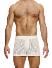 Modus Vivendi Striped Crochet Boxer Shorts. Made in Greece. Mens boxer Brief. Trunk short shorts mini shorts. beach wear. White shorts
