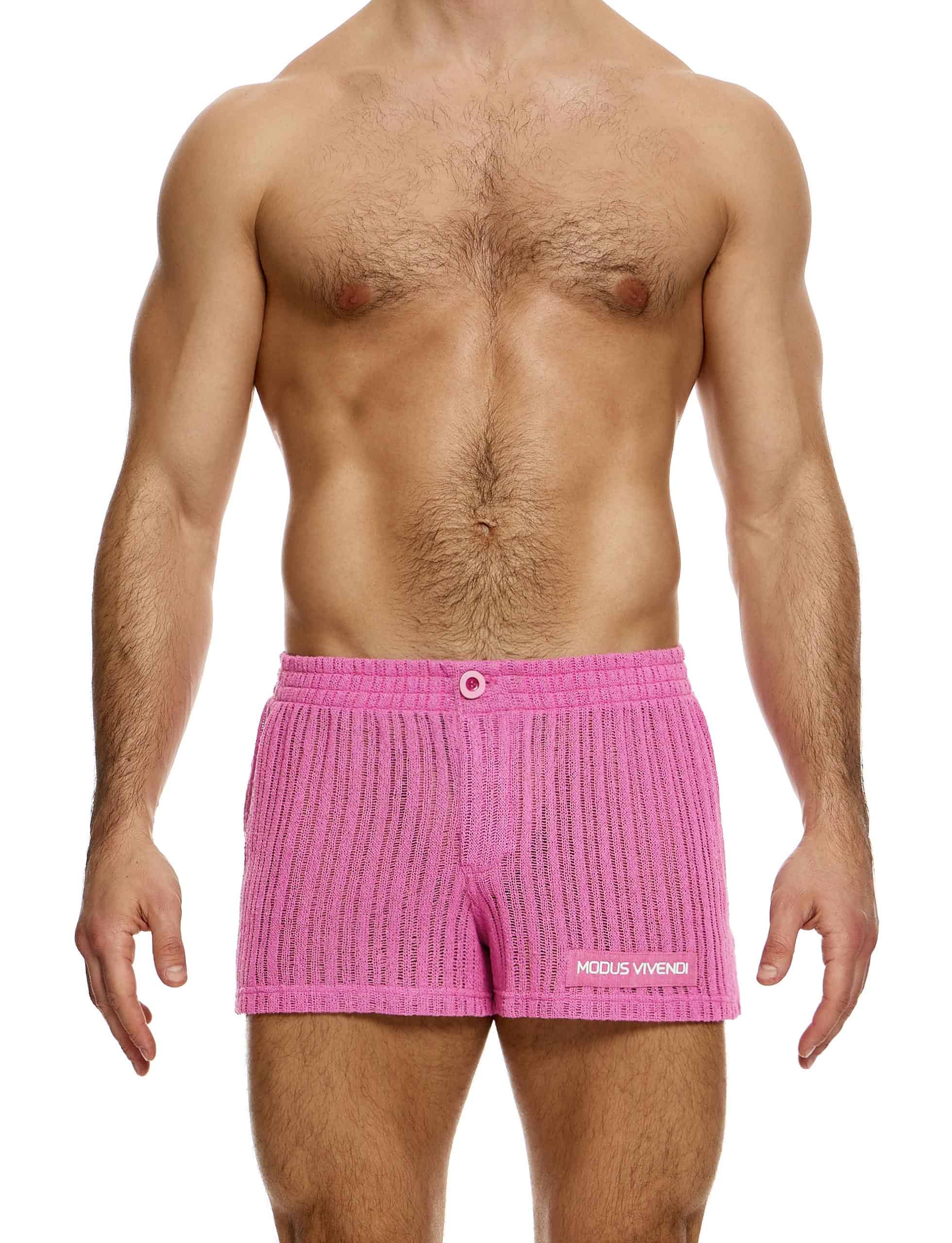 Modus Vivendi Striped Crochet Boxer Shorts. Made in Greece. Mens boxer Brief. Trunk short shorts mini shorts. beach wear. pink shorts