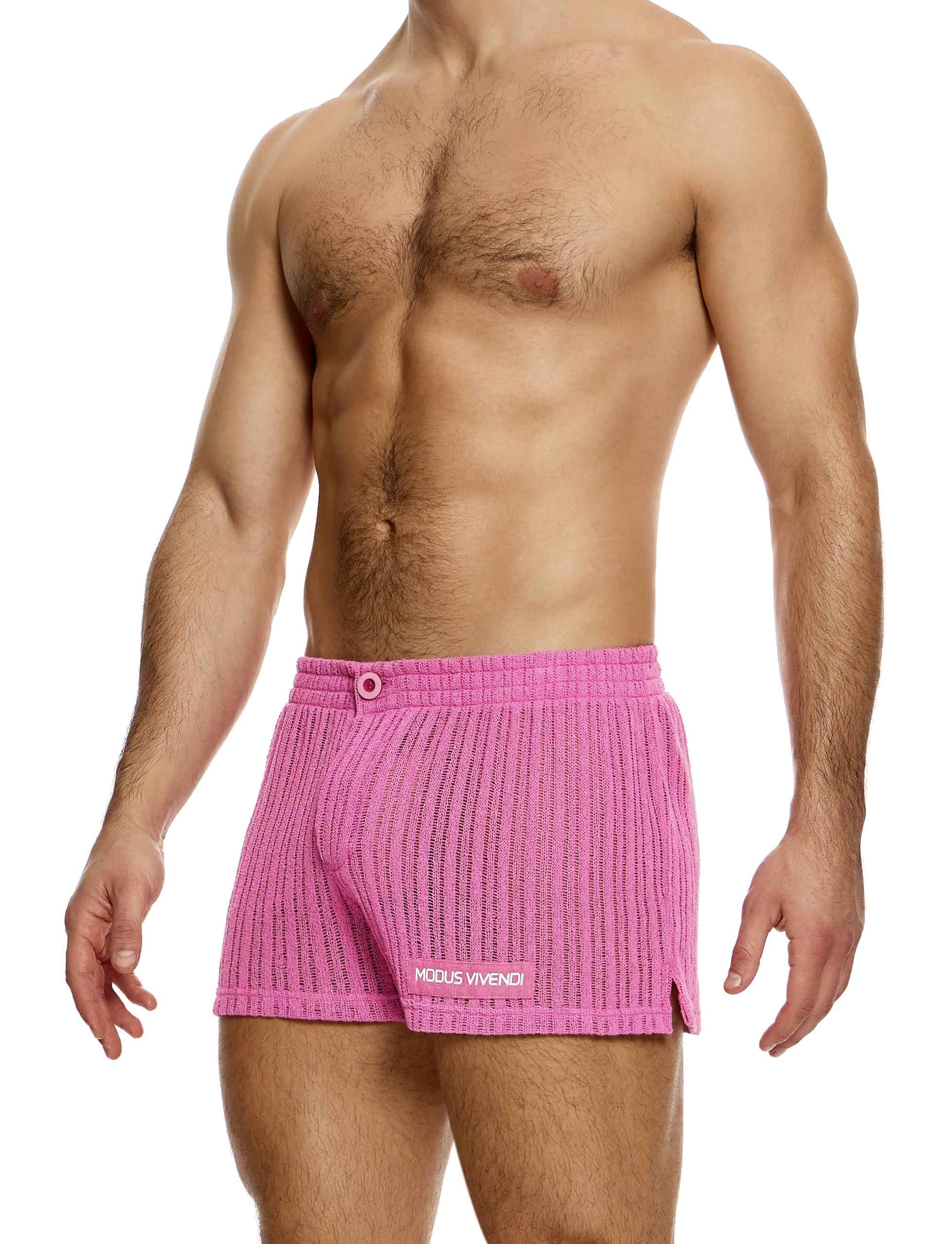 Modus Vivendi Striped Crochet Boxer Shorts. Made in Greece. Mens boxer Brief. Trunk short shorts mini shorts. beach wear. pink shorts