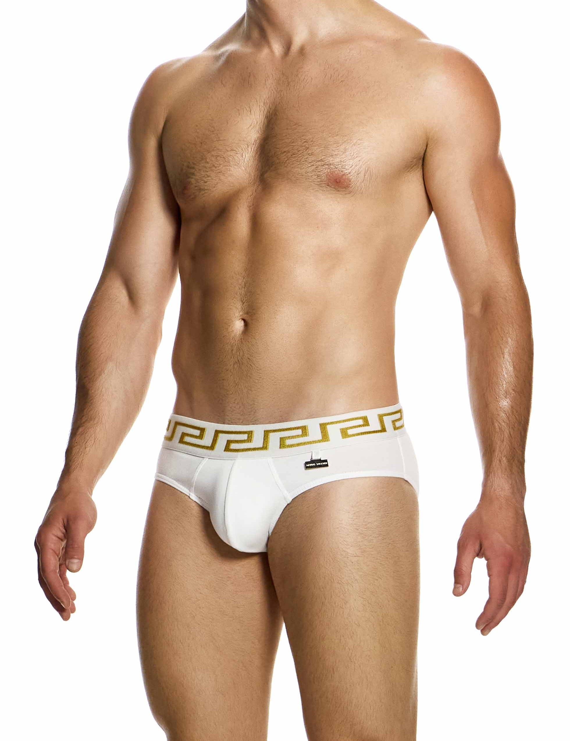 Modus Vivendi Meander Brief. Made in Greece. Party wear. underwear party. Fetish gear. boxer briefs, trunks. pride wear. White