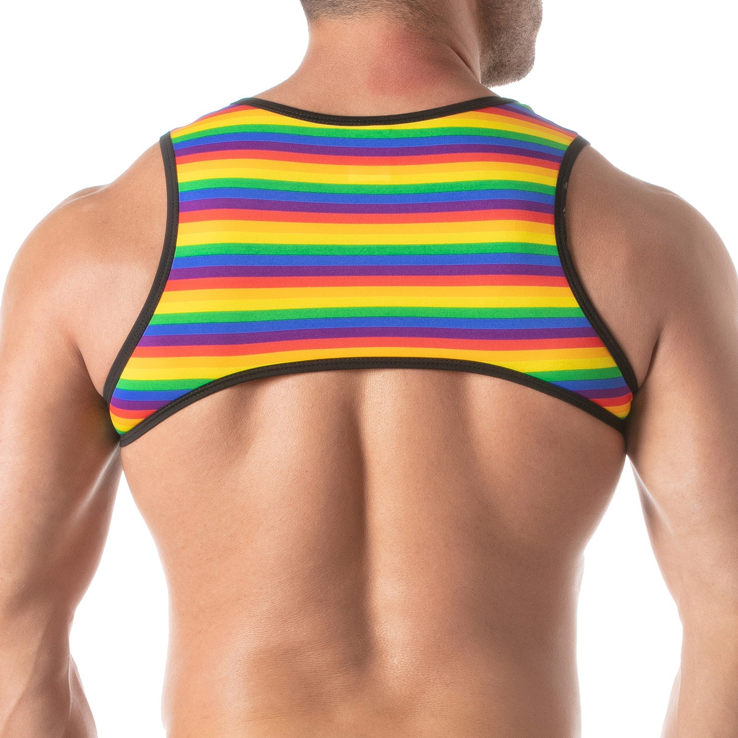 TOF Paris Rainbow Harness. made in france. wear with suspenders. Rainbow gay pride party wear fetish wear.