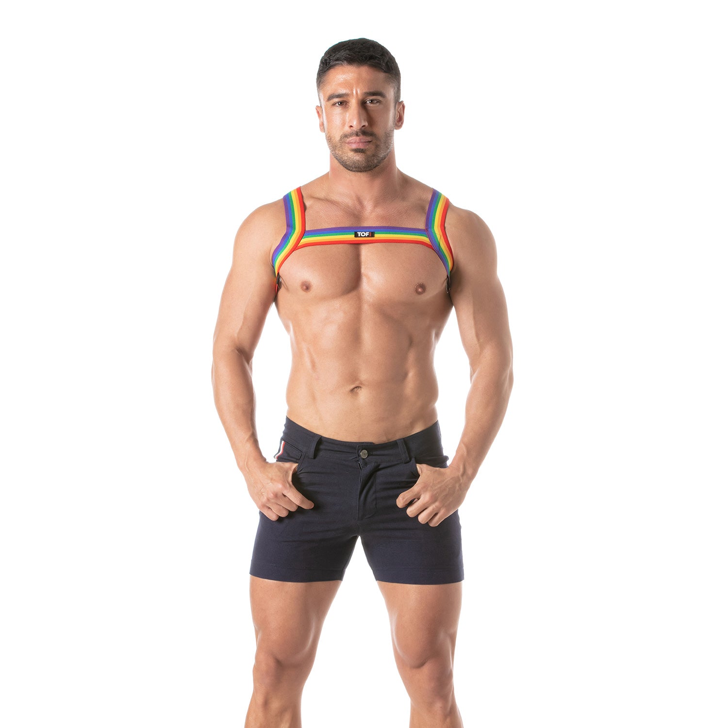 TOF Paris Rainbow Chest Harness. Made in France, cross chest harness, rainbow gay pride harness. Wear with suspenders