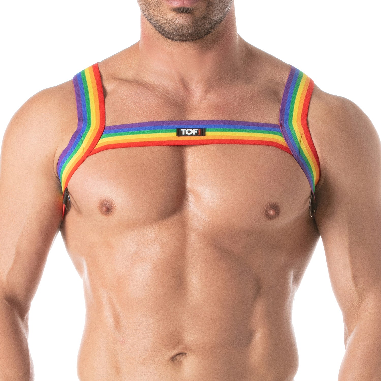 TOF Paris Rainbow Chest Harness. Made in France, cross chest harness, rainbow gay pride harness