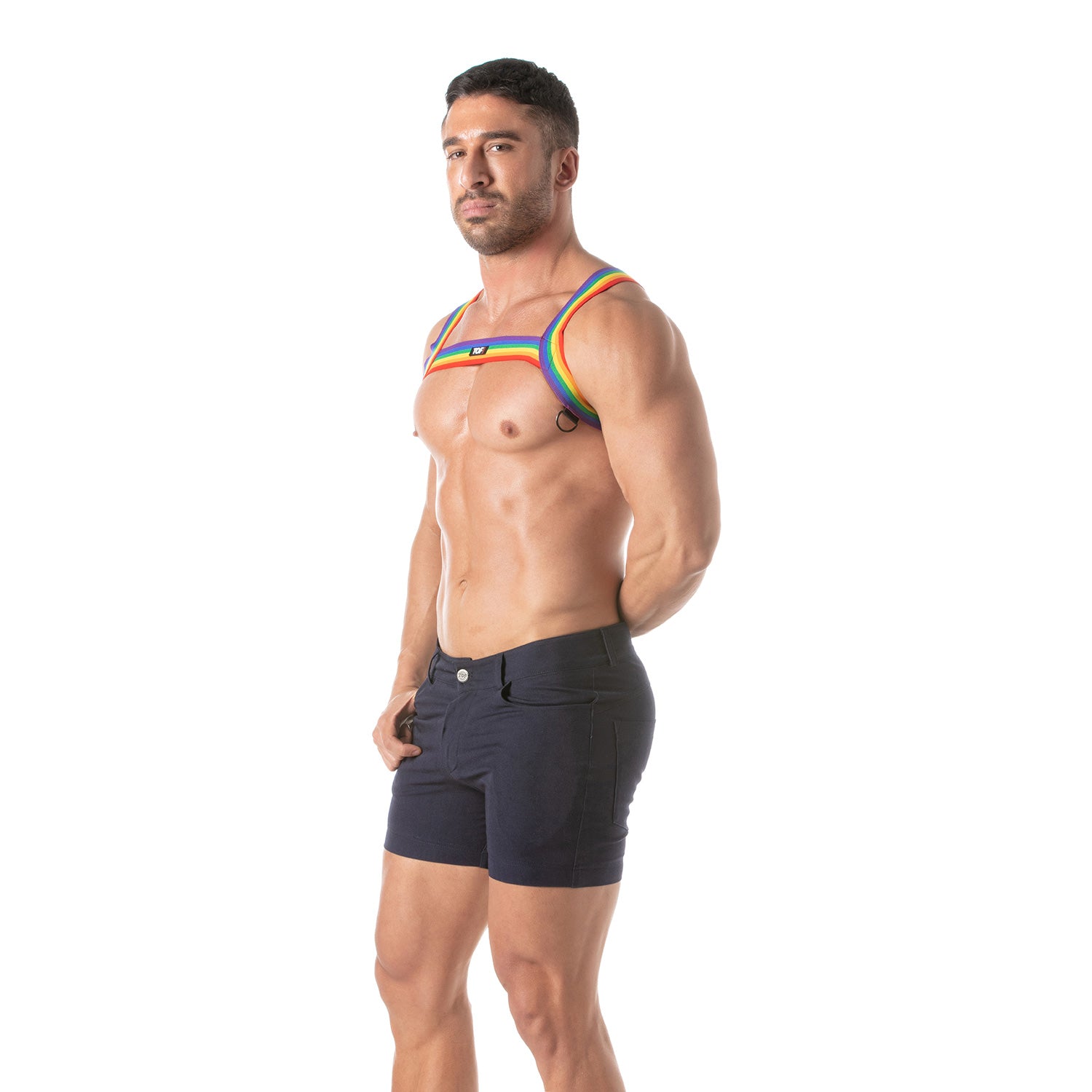 TOF Paris Rainbow Chest Harness. Made in France, cross chest harness, rainbow gay pride harness. Wear with suspenders