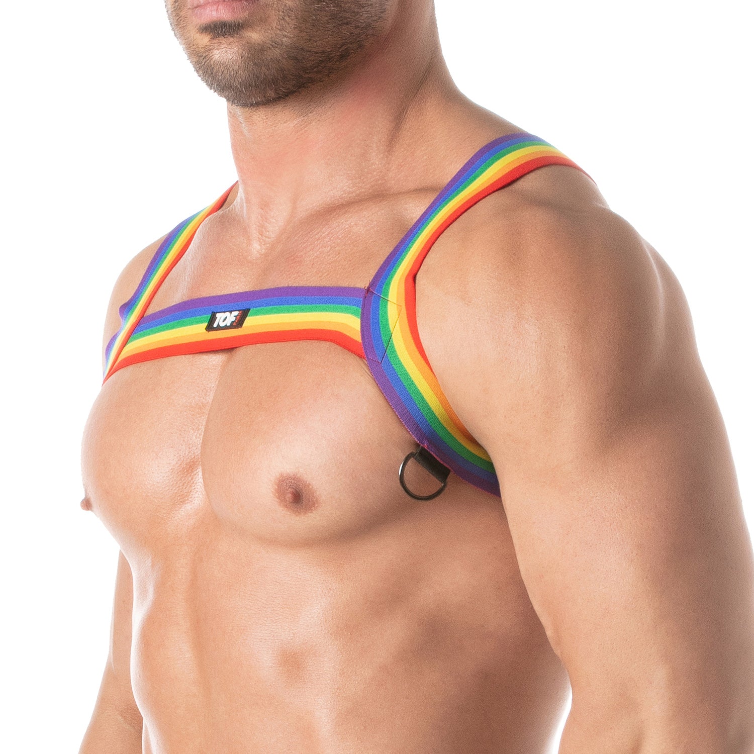 TOF Paris Rainbow Chest Harness. Made in France, cross chest harness, rainbow gay pride harness