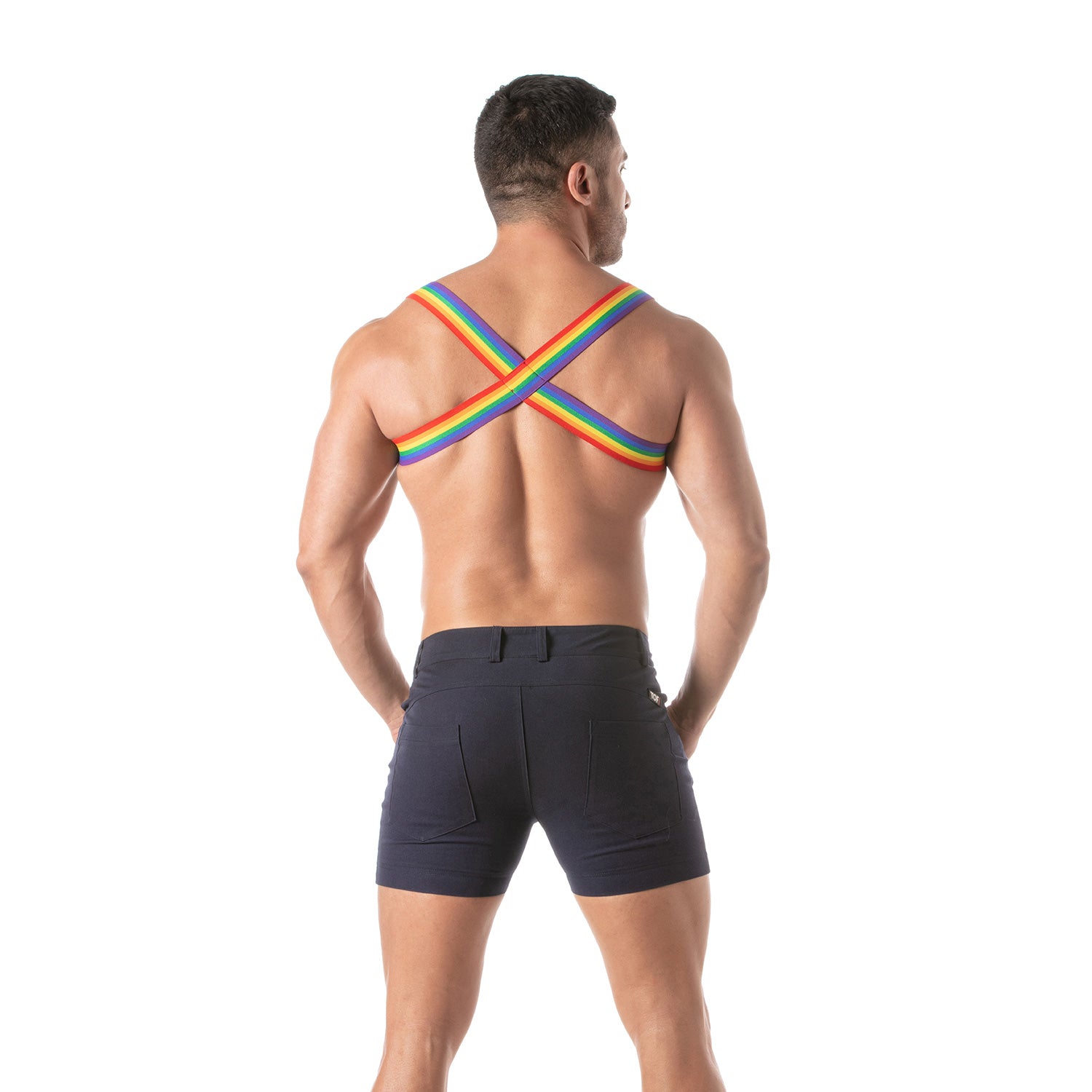 TOF Paris Rainbow Chest Harness. Made in France, cross chest harness, rainbow gay pride harness. Wear with suspenders