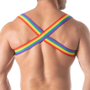 TOF Paris Rainbow Chest Harness. Made in France, cross chest harness, rainbow gay pride harness. Wear with suspenders