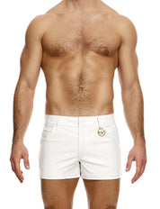 Modus Vivendi Faux Leather 5 Pocket Shorts .Made in Greece. Gym wear out gear. Party wear. Beach wear.  tight shorts for gay men. White