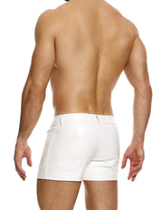 Modus Vivendi Faux Leather 5 Pocket Shorts .Made in Greece. Gym wear out gear. Party wear. Beach wear.  tight shorts for gay men. White