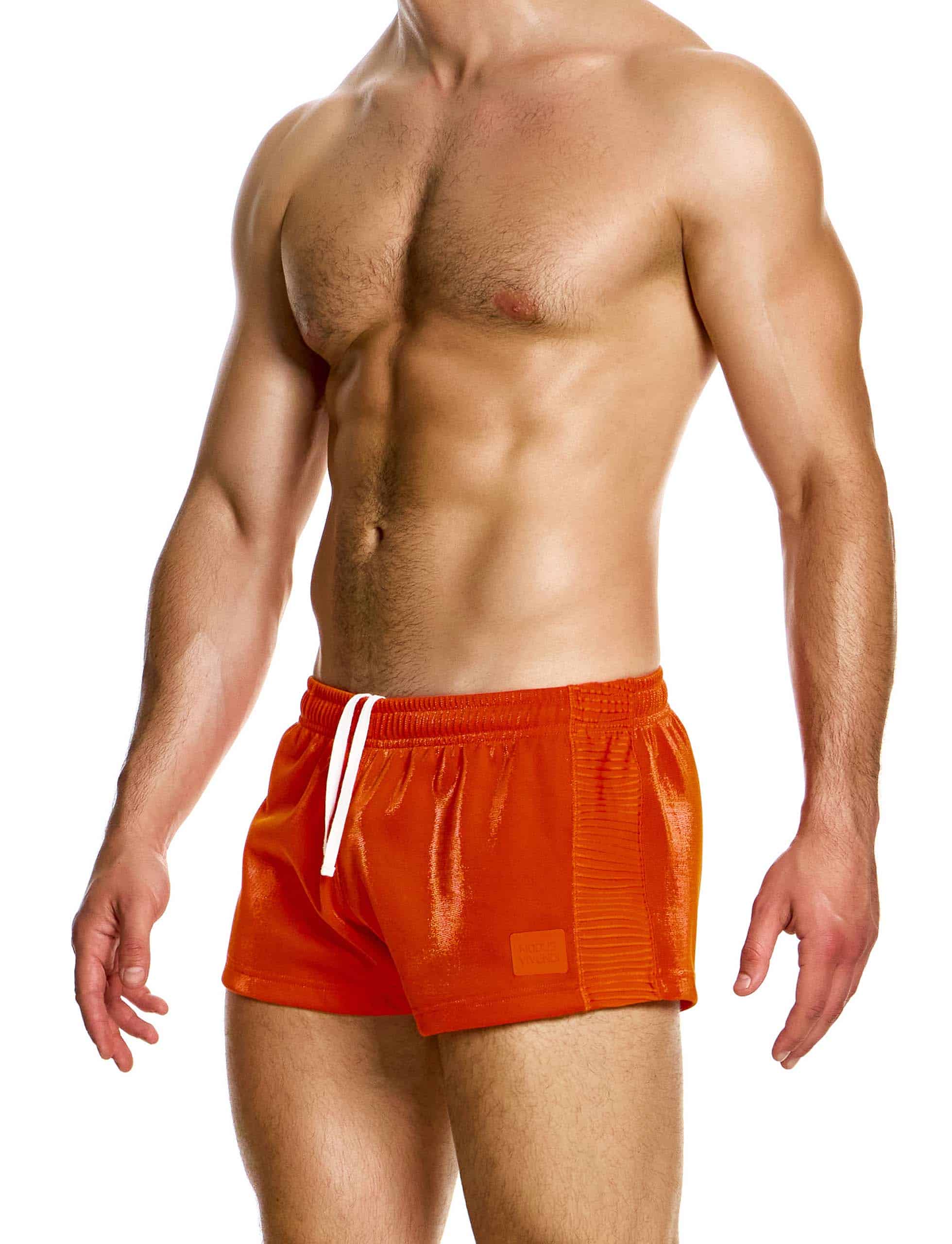 Modus Vivendi Curved 80s Shorts. Made in Greece. luxury comfort high quality. Mini shorts. gym wear. Party wear. work out shorts. gay men shorts. orange