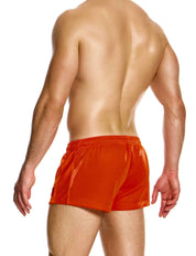 Modus Vivendi Curved 80s Shorts. Made in Greece. luxury comfort high quality. Mini shorts. gym wear. Party wear. work out shorts. gay men shorts. orange