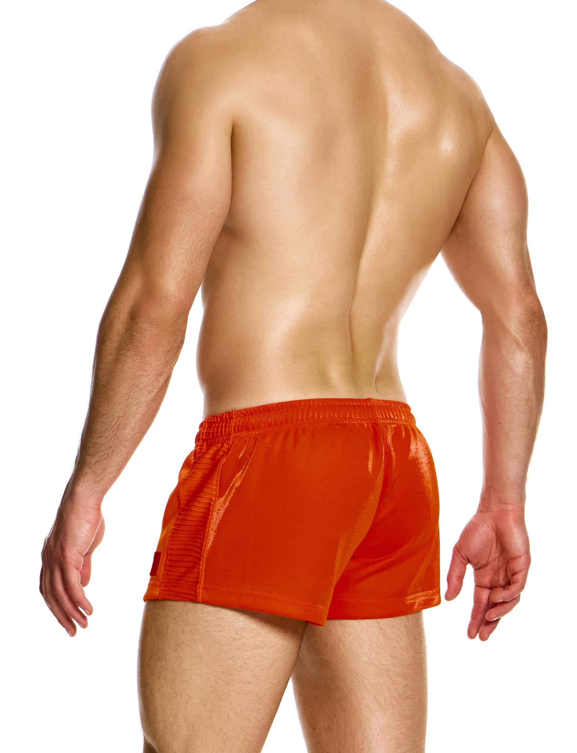 Modus Vivendi Curved 80s Shorts. Made in Greece. luxury comfort high quality. Mini shorts. gym wear. Party wear. work out shorts. gay men shorts. orange