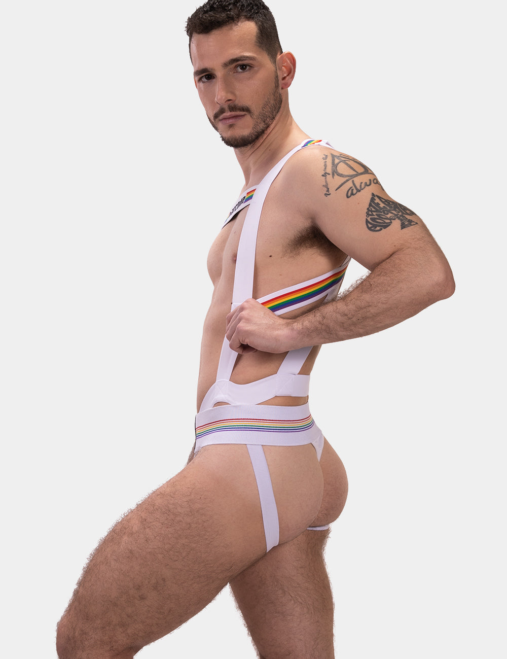 Barcode Berlin Body Harness Pride White. Made in Portugal. Party wear.  cross chest harness. pride gear