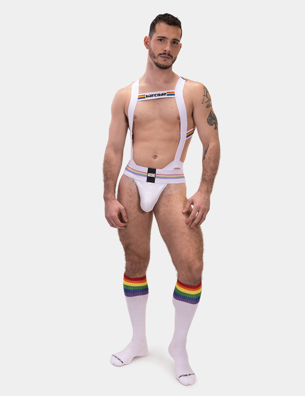 Barcode Berlin Body Harness Pride White. Made in Portugal. Party wear.  cross chest harness. pride gear