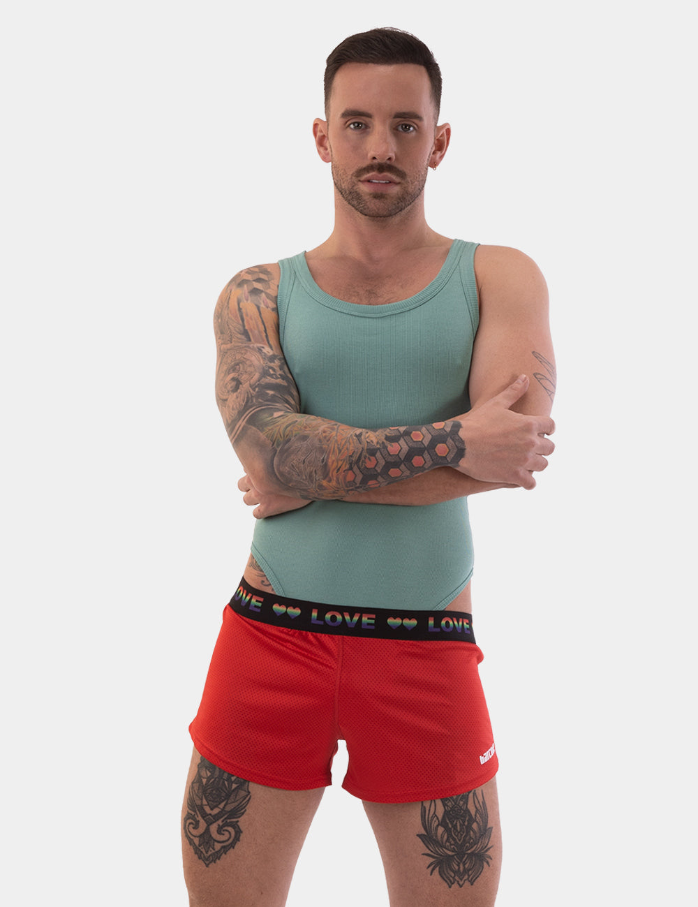 Barcode Berlin Riva Shorts. Made in Portugal. Party wear. gay man underwear party. Beach wear. Gym wear. work out gear. Pride mini shorts. Red