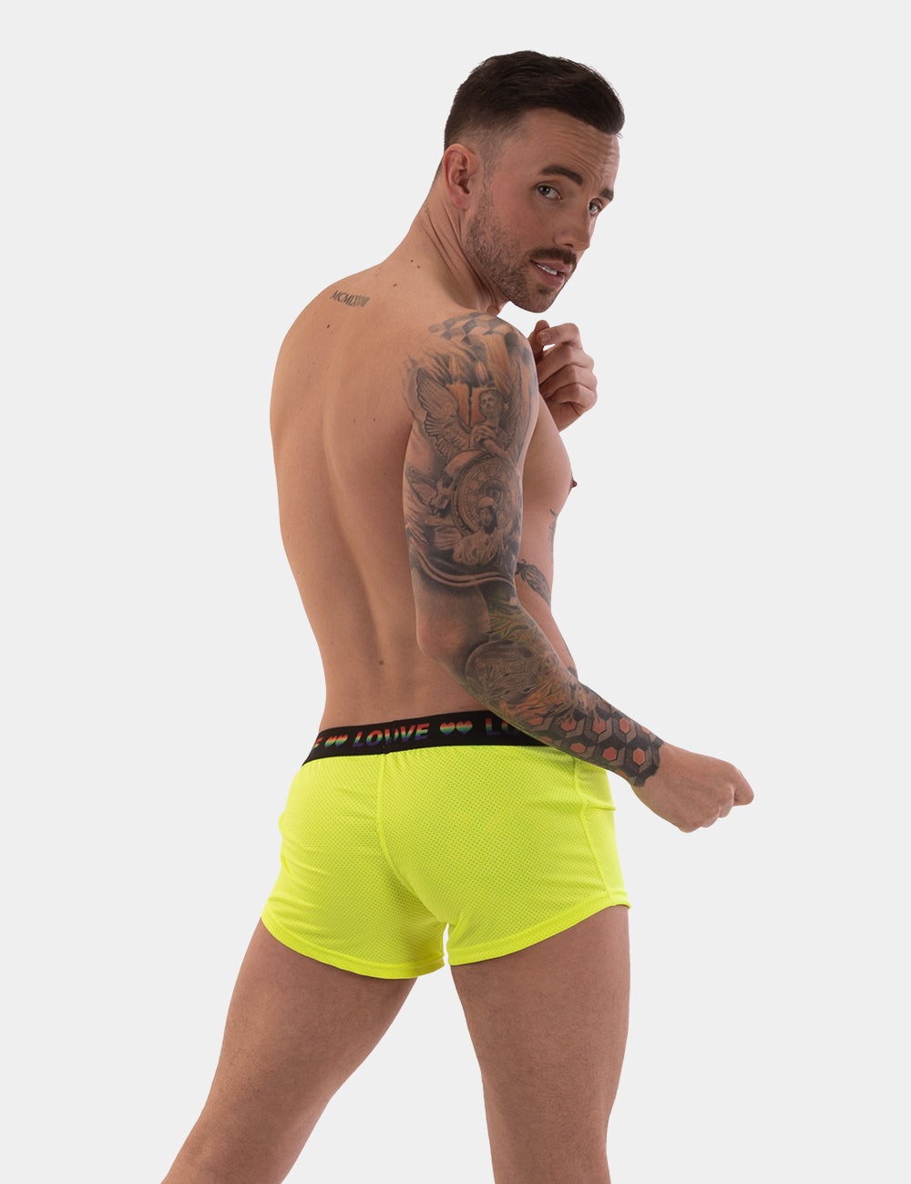 Barcode Berlin Riva Shorts. Made in Portugal. Party wear. gay man underwear party. Beach wear. Gym wear. work out gear. Pride mini shorts. Yellow