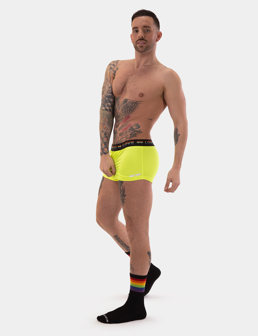 Barcode Berlin Riva Shorts. Made in Portugal. Party wear. gay man underwear party. Beach wear. Gym wear. work out gear. Pride mini shorts. Yellow