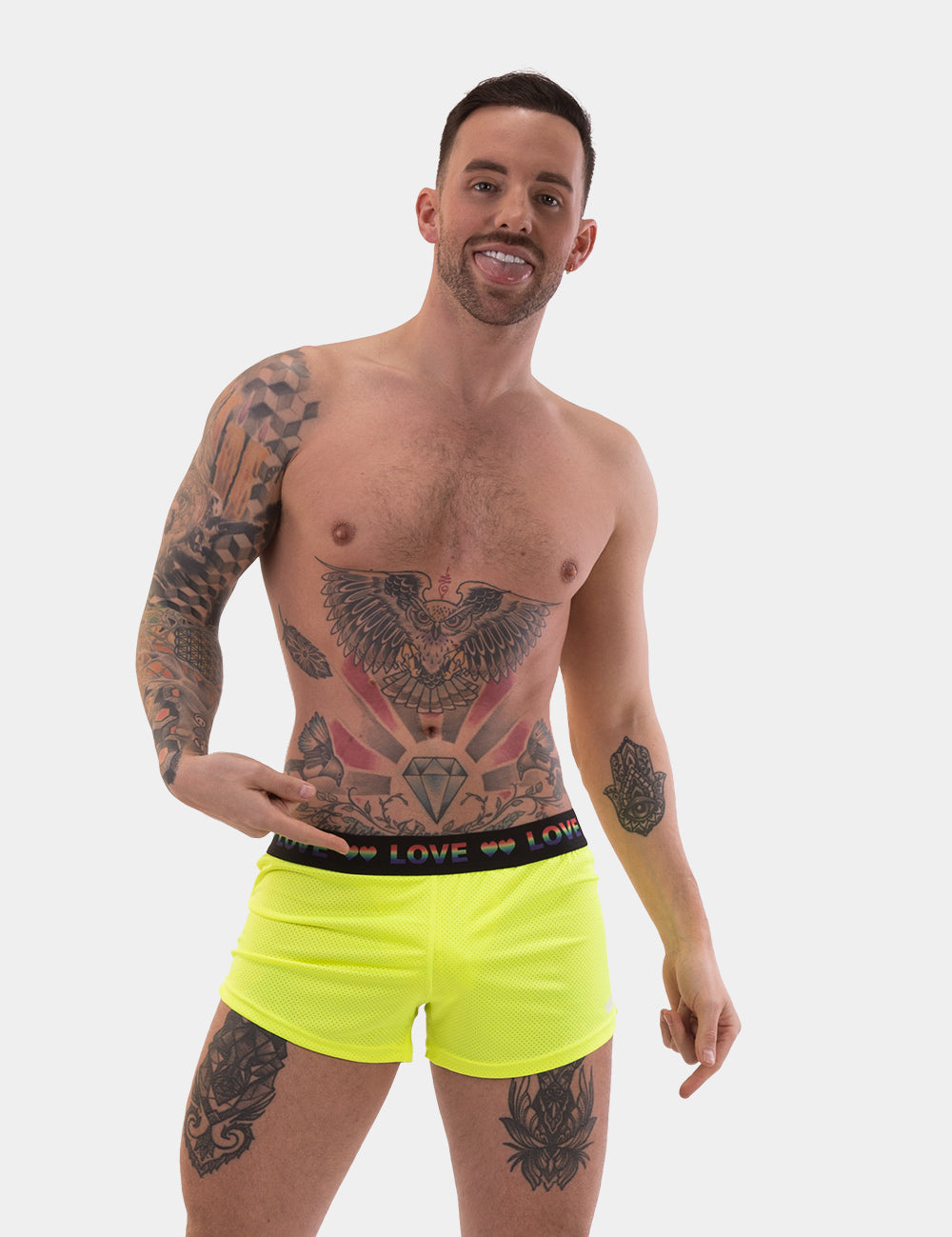 Barcode Berlin Riva Shorts. Made in Portugal. Party wear. gay man underwear party. Beach wear. Gym wear. work out gear. Pride mini shorts. Yellow