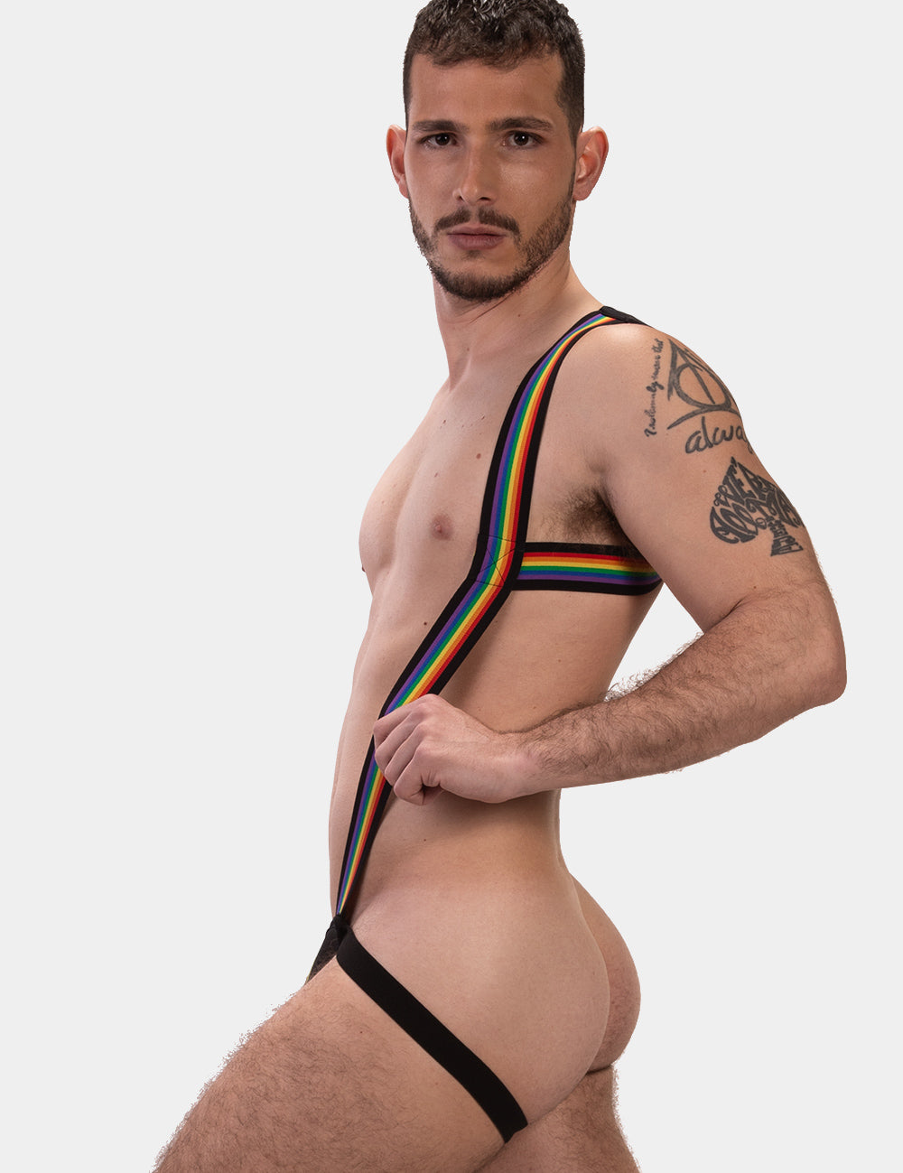 Barcode Berlin Infinity Pride Harness Black. Made in Portugal. Party wear.  cross chest harness. pride gear