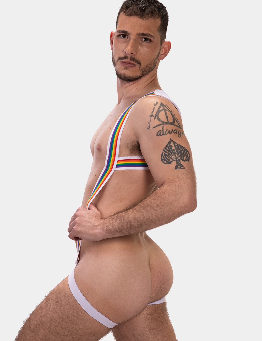 Barcode Berlin Infinity Pride Harness White. Made in Portugal. Party wear.  cross chest harness. pride gear