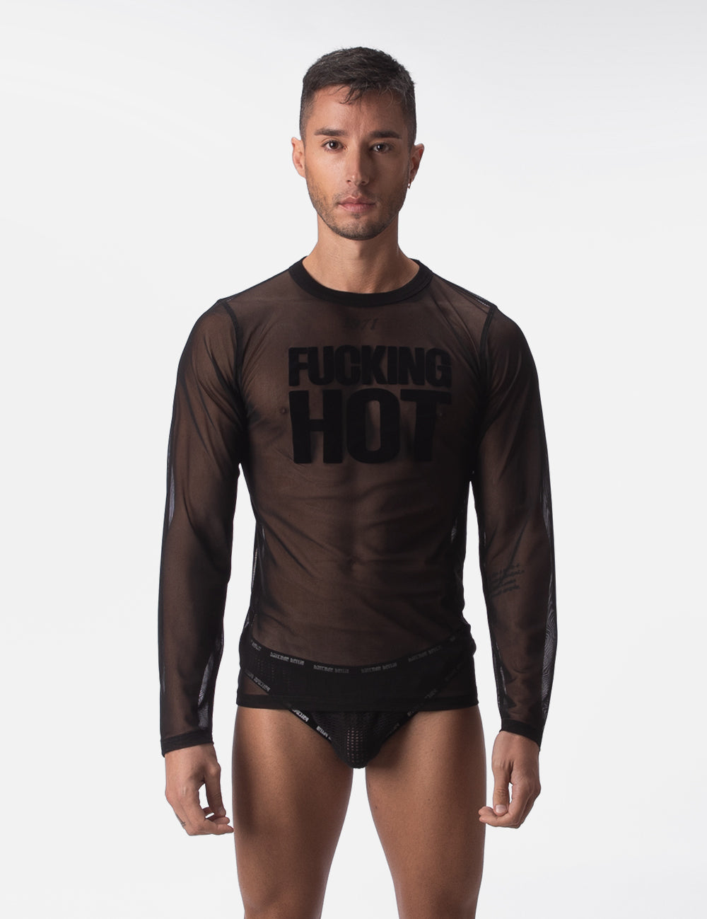 Barcode Berlin Mesh F*cking Hot Long Sleeve Made in Portugal. Party wear. gay man underwear party. Fetish wear. Black Gym workout gear