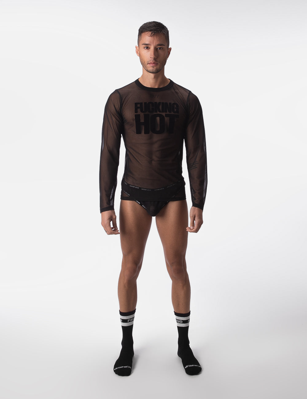 Barcode Berlin Mesh F*cking Hot Long Sleeve Made in Portugal. Party wear. gay man underwear party. Fetish wear. Black Gym workout gear