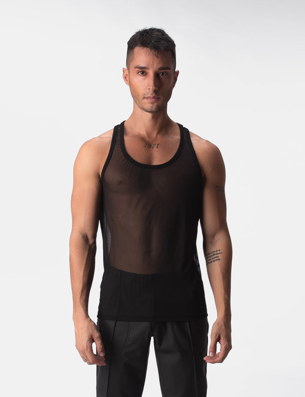 Barcode Berlin Mesh Tank Top Obak. Made in Portugal. Party wear. gay man underwear party. Fetish wear. Black Gym workout gear