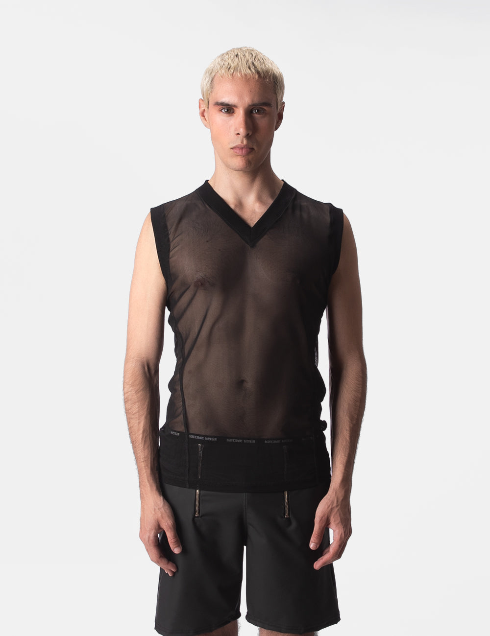 Barcode Berlin Muscle Mesh V-Neck Lolo. Made in Portugal. Party wear. gay man underwear party. Fetish wear. Black Gym workout gear