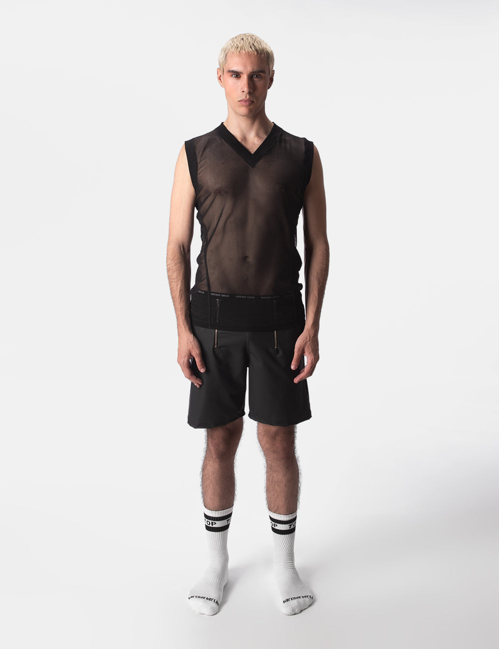 Barcode Berlin Muscle Mesh V-Neck Lolo. Made in Portugal. Party wear. gay man underwear party. Fetish wear. Black Gym workout gear